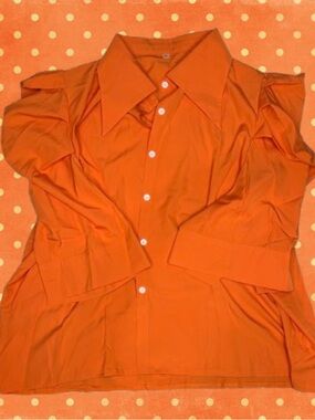 Orange button-up blouse with ruffled sleeves